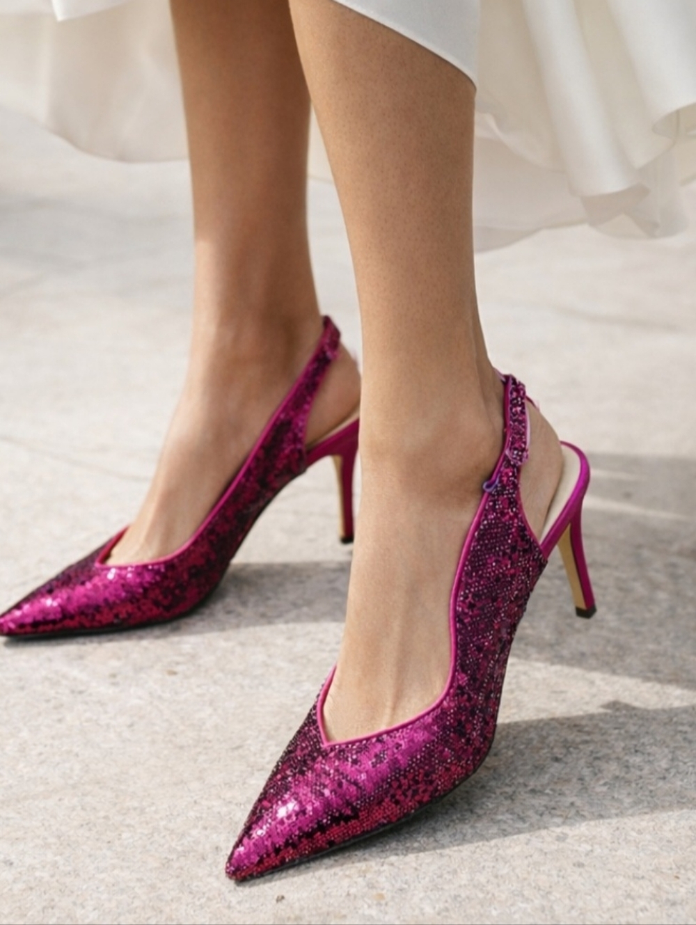 Nina New YORK Sequin Slingback Pointed-Toe Heels in Fuchsia